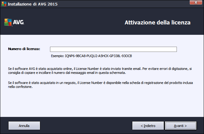 3.3. Attiva la licenza di AVG Nella finestra di dialogo Attiva la licenza viene richiesto di immettere il License Number nel campo di testo fornito: Dove è possibile reperire il License Number Il