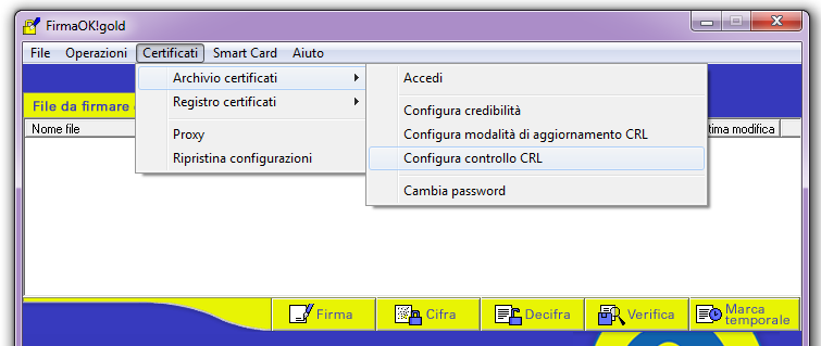 35 Per configurare l aggiornamento delle informazioni di revoca, dal menu Certificati bisogna selezionare Archivio certificati e poi Configura aggiornamento CRL.