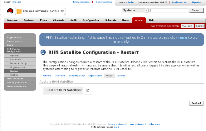 Capitolo 4. Installazione Figura 4.7. Riavvia Una volta riavviato Satellite, il messaggio di conto alla rovescia scomparirà. A questo punto sarete in grado di poter utilizzare il vostro Satellite. 4.4.6.