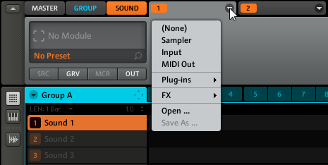 Creare un Pattern Creare pattern con i plug-in instrument Software 1. Clicca sul SOUND tab per passare al livello Sound. 2.