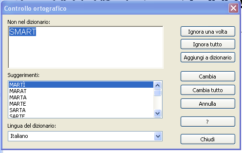 Apparirà la finestra di dialogo del Controllo Ortografico che fornirà suggerimenti se il testo selezionato è