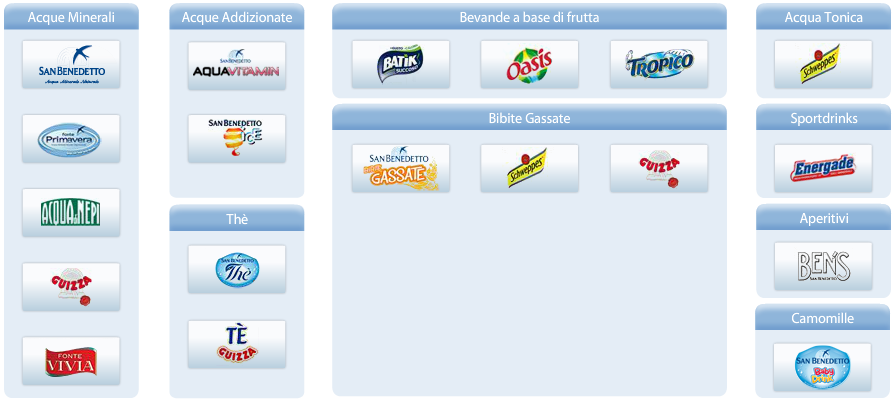 Fig.5.1 - Marchi San Benedetto L azienda è proprietaria di diversi marchi illustrati in fig 1.1, inoltre imbottiglia su concessione per Pepsi e per altre aziende come Schweppes, Coca Cola e Ferrero.