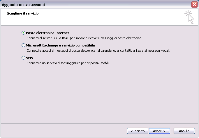 Pag. 10 di 23 Selezionare Posta elettronica Internet cliccare su Avanti FIGURA 6: SCELTA DEL SERVIZIO Scegliere
