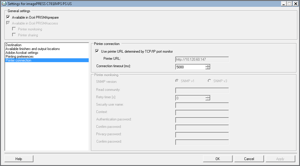 3.1 La barra degli strumenti > Barra degli strumenti Selezionare Printer connection (Connessione stampante). Modificare il campo Printer URL (URL stampante).