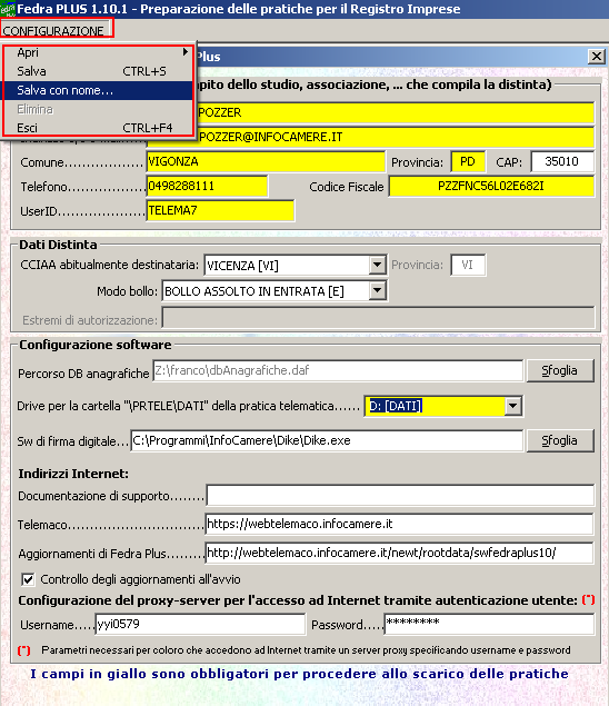 compatibile; sezione Indirizzo Internet) l'indirizzo Internet dove verificare la presenza di eventuali aggiornamenti del software FedraPlus da scaricare (sezione Controllo degli aggiornamenti