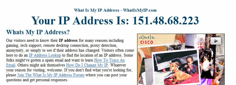 Verifico mio IP collegandomi a whatinmyip.