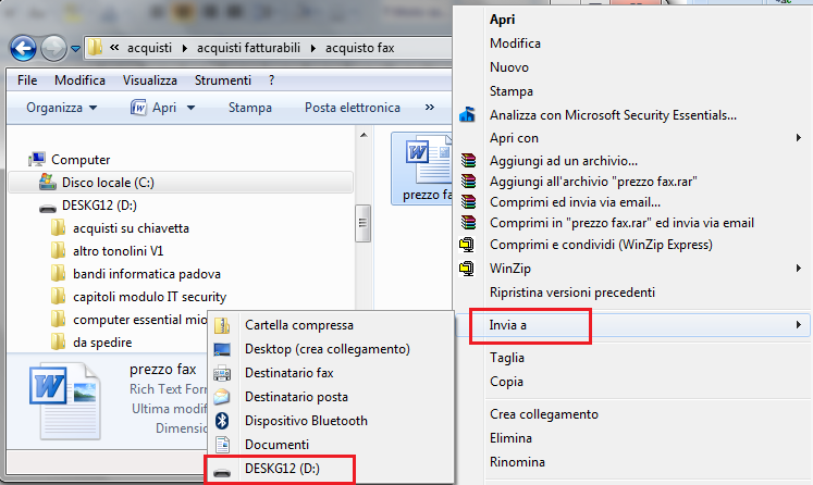 Modulo 1 - Nuova ECDL G. Pettarin - Computer Essential Il comando da utilizzare è Invia a. Da questo comando si ottiene un secondo menù a discesa: scegliere la voce relativa alla chiave USB.