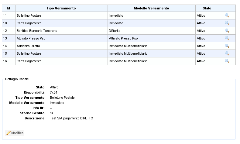 Quando un PSP viene selezionato, sono visualizzati i canali di pagamento con il tipo di versamento supportato ed i dettagli informativi forniti dal Nodo dei Pagamenti.