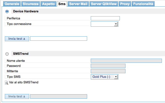 Sms: Device Hardware Periferica: periferica da utilizzare per l invio di sms Tipo connessione: permette di scegliere il tipo di connessione tra quelle elencate Invia test a: numero di telefono cui è