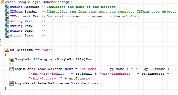 Instant Developer: guida ai componenti Se l utente concede l autorizzazione verrà inviato un messaggio OAUTH all Idform e verranno impostate le seguenti proprietà dell oggetto Google Profile: ID Name