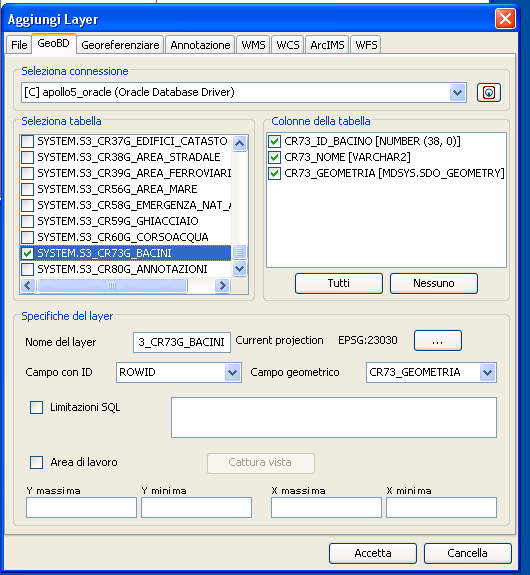 Figura 76: visualizzazione di dati da geodatabase Oracle con GvSig ovviamente questo è solo uno dei diversi software open source e commerciali atti ad esportare dati shape in