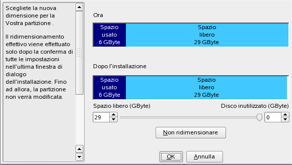 Figura 1.3 Ridimensionamento della partizione Windows Il primo grafico a barre mostra lo spazio su disco attualmente occupato da Windows e lo spazio disponibile.