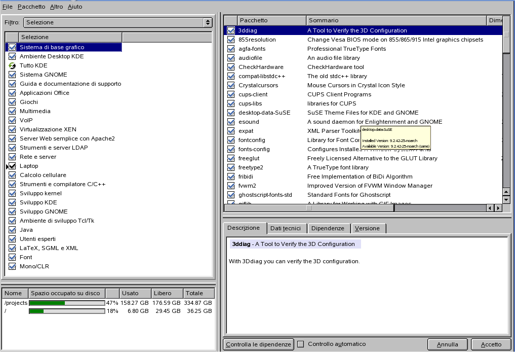 Figura 2.2 Gestore pacchetti YaST In SUSE Linux, il software è disponibile sotto forma di pacchetti RPM.