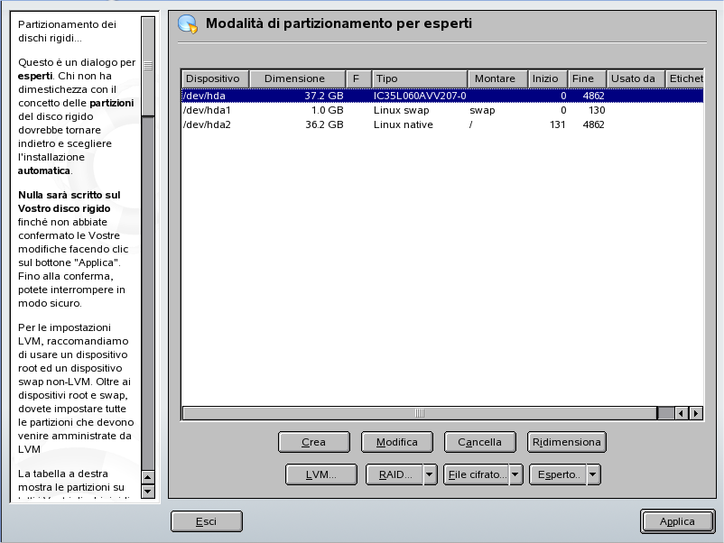 aggiungere, eliminare, ridimensionare e modificare le partizioni. È possibile inoltre accedere alle configurazioni RAID e LVM da questo modulo YaST.