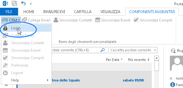 Sarà ora possibile accedere alle funzioni del plugin di Outlook per VTECRM all interno del tab