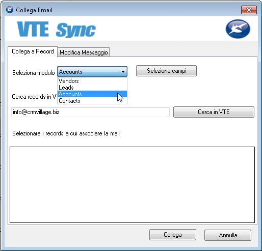 Capitolo 2: Lavorare con Outlook Plugin 1 Collegare email a VTE CRM Le email in Outlook possono essere collegate alle anagrafiche contenute in VTECRM tramite il pulsante Collega Email :