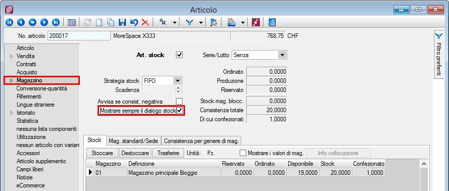 Ora è possibile decidere direttamente sul singolo articolo: se la maschera magazzino per il singolo articolo dev essere sempre visualizzata o se l operazione magazzino dev
