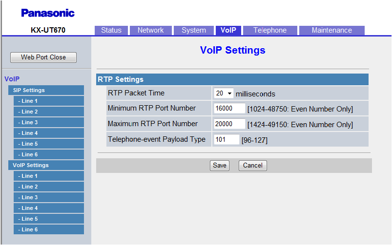 Sezione 4 Programmazione dall interfaccia utente Web 4.6.3 VoIP Settings Questa schermata consente di modificare le impostazioni VoIP comuni a tutte le linee. 4.6.3.1 RTP Settings RTP Packet Time Seleziona l intervallo, in millisecondi, tra le trasmissioni di pacchetti RTP.