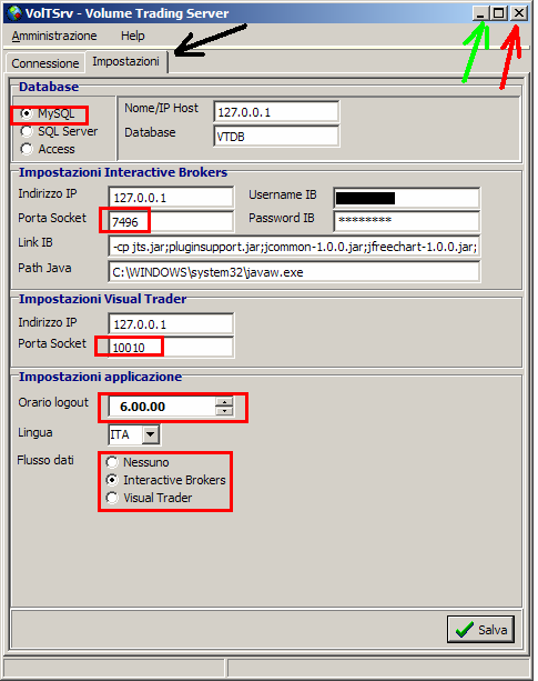 Volt Server Per Utenti IB A Cliccando sul tab indicato dalla freccia A, entri nelle IMPOSTAZIONI. Controlla che i campi col rettangolo rosso siano uguali a quelli presenti in questa immagine.