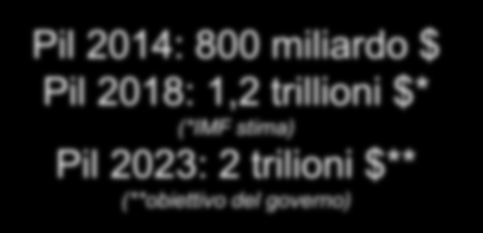 Tasso di Crescita del PIL (%) Pil 2014: 800 miliardo $ Pil 2018: 1,2 trillioni $* (*IMF stima) Pil 2023: 2 trilioni $** (**obiettivo del