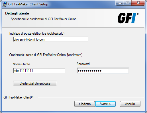 Schermata 2: Indirizzo e-mail e credenziali di GFI FaxMaker Online 4. Immettere l indirizzo di posta elettronica come configurato dall amministratore all interno di GFI FaxMaker Online.