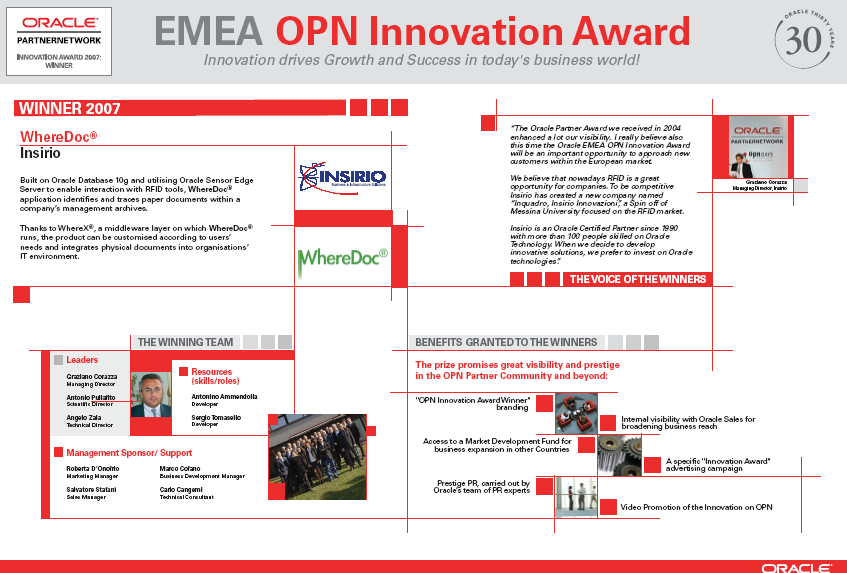 INNOVATION AWARD 2007 WINNER Con la nuova soluzione WhereDoc, che ha vinto la sesta edizione dell'oracle Partner Network Innovation Award - riconoscimento assegnato ogni anno alle applicazioni