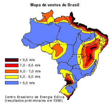 Figura 11 Mappa della ventosità media in Brasile Fonte: Centro Brasileiro de Energia Eòlica La generazione di energia eolica è iniziata nel luglio 1992, con l installazione di un impianto con