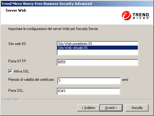 Installazione del server FIGURA 3-11. Schermata di configurazione del server Web Apache Nota: questa schermata non viene visualizzata se si sceglie il metodo di installazione tipica. 9.