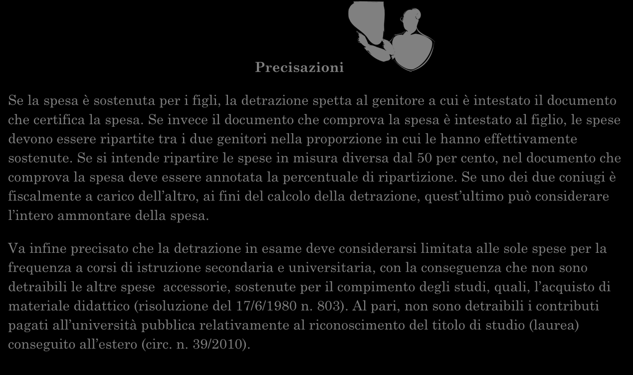 Precisazioni Se la spesa è sostenuta per i figli, la detrazione spetta al genitore a cui è intestato il documento che certifica la spesa.