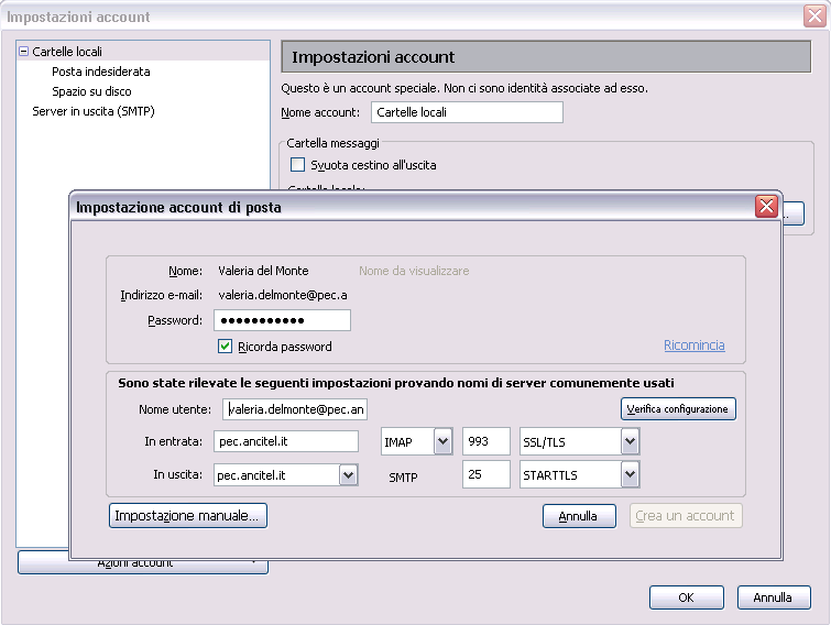 Pag. 9 di 18 Modificare i seguenti parametri: Nome utente: aggiungere il suffisso @pec.ancitel.it come riportato in Figura 5 In entrata: pec.ancitel.it IMAP 993 SSL/TLS In uscita: pec.