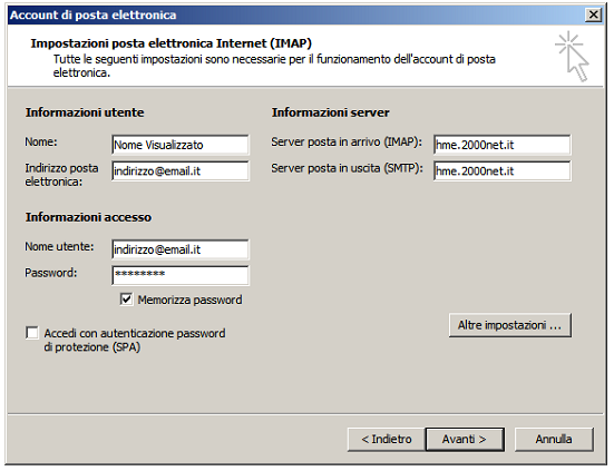 Avanti 4- Inserire i dati relativi alla casella da configurare (vedi