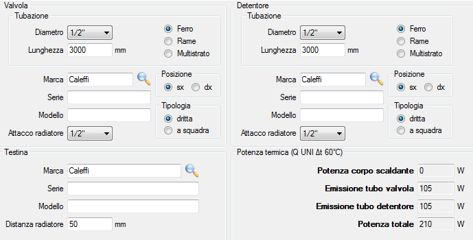 - POTENZA TERMICA comprende la potenza del singolo corpo scaldante, le emissioni dei tubi relativi alla valvola ed al detentore e la potenza totale che vengono calcolate automaticamente dal software