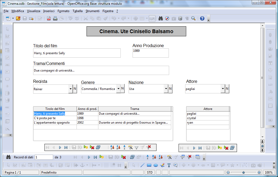 6.Formulario principale. Gestione_Film gestisce le tabelle Film e Cast. Per ora non consideriamo le due barre di navigazione ed i pulsanti ("Chiudi" ed i 4 "N"); riservia mone solo lo spazio.