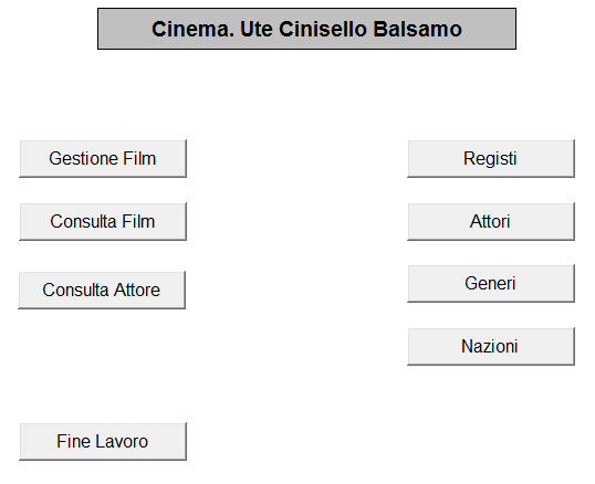 9.Impostare il menù iniziale. Inseriamo il formulario di partenza che consiste in un menù con cui richiamare gli altri formulari: Menu_Avvio Ad ogni pulsante (Gestione Film.