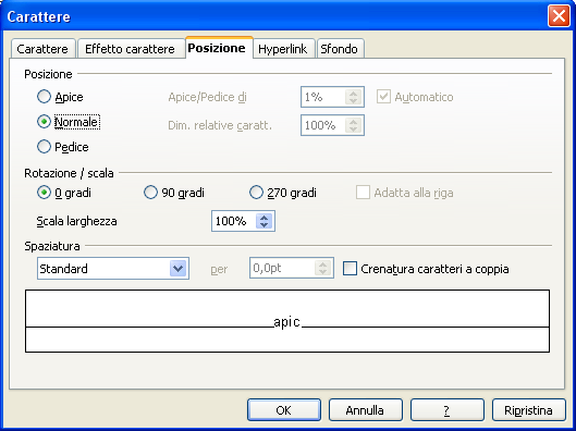 Formattazione del carattere Posizione permette di impostare le seguenti opzioni: spaziatura a 270 scrittura di prova rotazione scrittura
