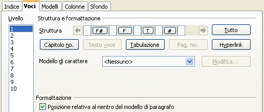 Indici e sommari cursore si trova Per il Sommario è presente la casella Valuta sino a livello ove si seleziona il numero di livelli della struttura dei capitoli sino al quale, si vuole ricomprendere