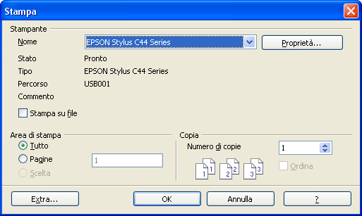5 Stampa Per stampare il documento: Stampa selezionare Menù File impostare le corrette opzioni nella finestra di dialogo (vedi sotto) premere OK Stato della stampante Verificare che sia selezionata