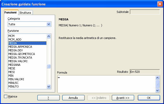 OPENOFFICE CALC 3 6.4. Funzioni Per funzione si intende una formula contraddistinta da un nome a lettere maiuscole che designa il tipo di calcolo applicato alle celle selezionate.