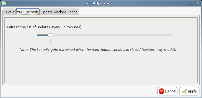 La linguetta Auto-Refresh (Aggiornamento automatico) ti permette di impostare la frequenza con cui mintupdate controlla gli aggiornamenti.