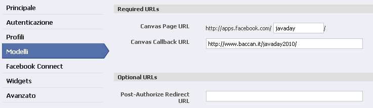 Internal Web Application canvas Per integrare un'applicazione su Facebook occorre creare Canvas Page URL rappresenta il nome dell'applicazione dentro