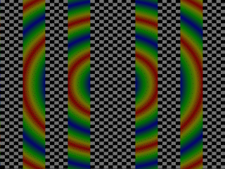 Fig. 156-Pigmenti sfumati l'uno nell'altro Quando renderizziamo questo esempio, vediamo un motivo che sfuma alternativamente tra la classica scacchiera e gli anelli colorati.