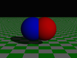 union{ sphere { <0, 0, 0>, 1 pigment { Blue translate -0.5*x sphere { <0, 0, 0>, 1 pigment { Red translate 0.5*x Renderizziamo nuovamente il file. Fig.