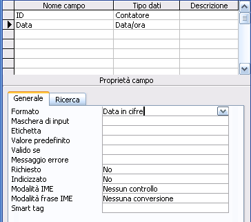 Esercitazione1-Access 1 Come prima esercitazione, creiamo una tabella avente la seguente struttura: ID contatore (chiave primaria); Data Data/ora Data in cifre; Ora Data/ora Ora breve 24h; TipoID