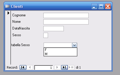 Si può adesso chiudere e salvare col nome Clienti. Si è creata una maschera di nome Clienti che servirà per inserire nuovi record nella tabella Clienti e per scorrere i vari record presenti.