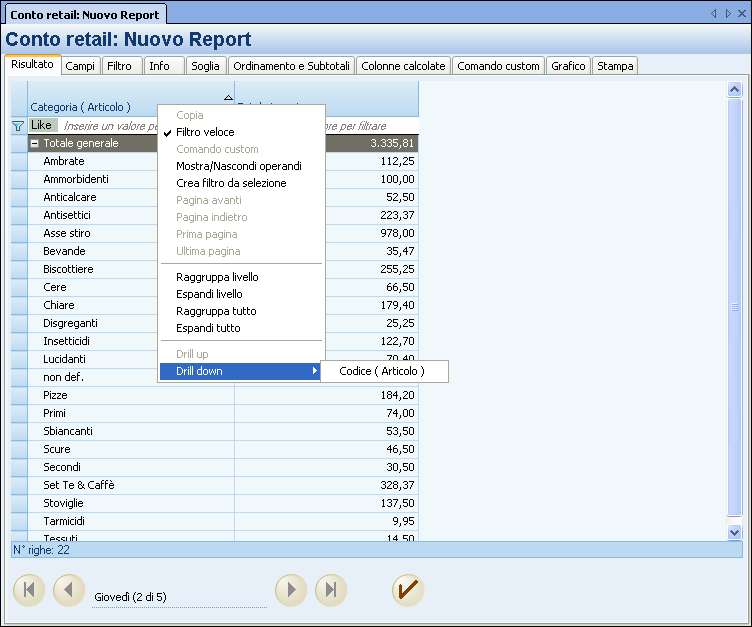 DRILL UP L operazione di Drill up comporta una diminuzione del livello di dettaglio dei dati presenti nella griglia risultato.