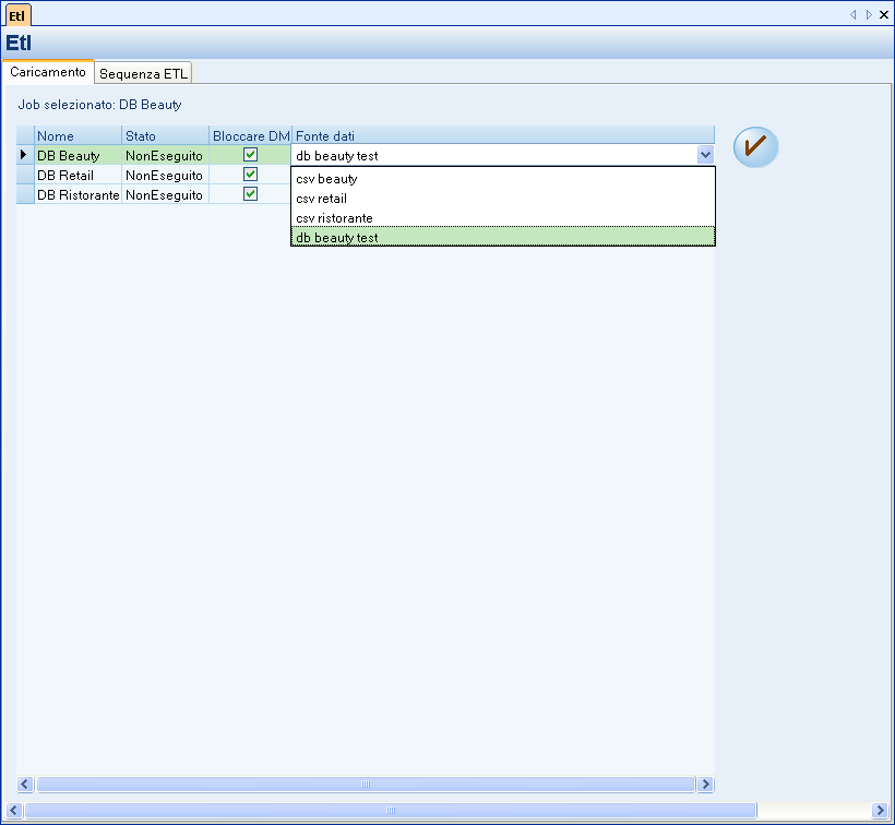 I job di tipo CSV o DB vengono visualizzati a seconda del parametro TipoETL impostato in Configurazione ETL.