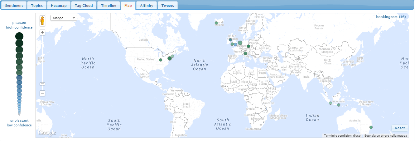 visto in precedenza. Infine, nella regione upset l unico termine esplicitamente negativo è issue, e si ritrova nuovamente wait. Figura 32 Distribuzione geografica dei tweet per Booking.