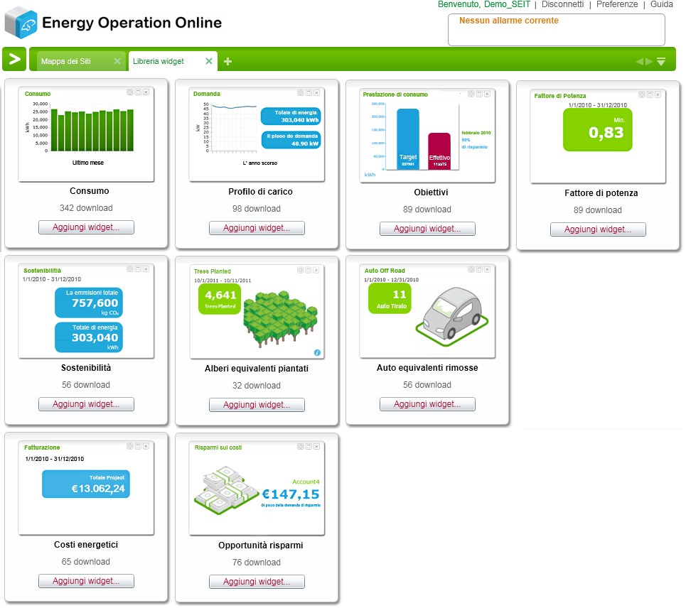 3 Dashboard e widget All interno di Energy Operation Online ciascun utente può configurare diverse pagine dette dashboard, inserendo in ciascuna di esse uno o più grafici selezionabili da una