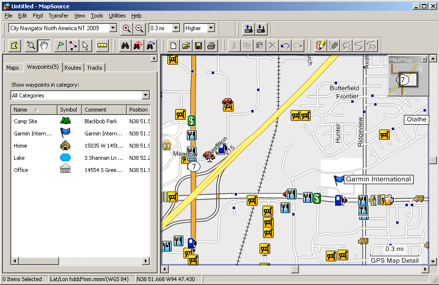 Uso di MapSource > Componenti di MapSource Uso di MapSource Componenti di MapSource La finestra MapSource contiene cinque componenti