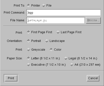 Capitolo 12. La stampa Figura 12-11. La finestra di stampa di netscape A questo punto, quando cliccherete sul pulsante OK, comparirà la finestra di XPP.